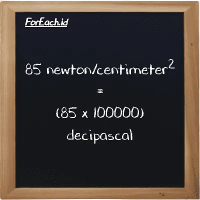 How to convert newton/centimeter<sup>2</sup> to decipascal: 85 newton/centimeter<sup>2</sup> (N/cm<sup>2</sup>) is equivalent to 85 times 100000 decipascal (dPa)